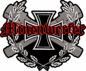 minenwerfer white gray and red logo contour back patch